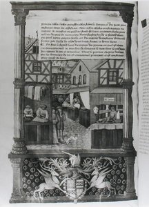 Ms 5062 fol.149v En gade med butikker og våbenskjoldet af Robert Stuart, Marechal dAubigny Lucrece, fra Livre de Gouvernement des Princes af Gilles de Rome af French School